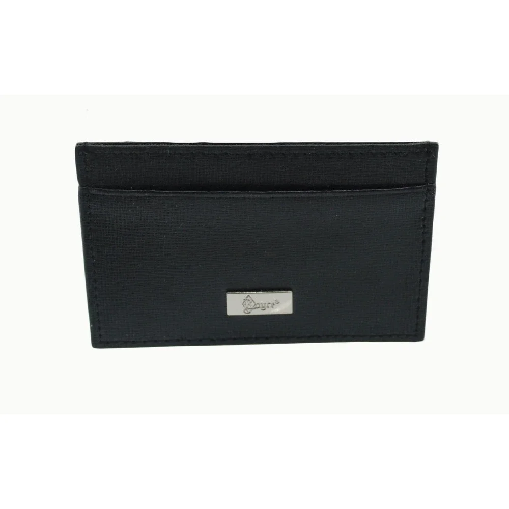 Mayer Black Crossgrain Leather Card Holder Slim Wallet Silver Logo 4 x 2 in
